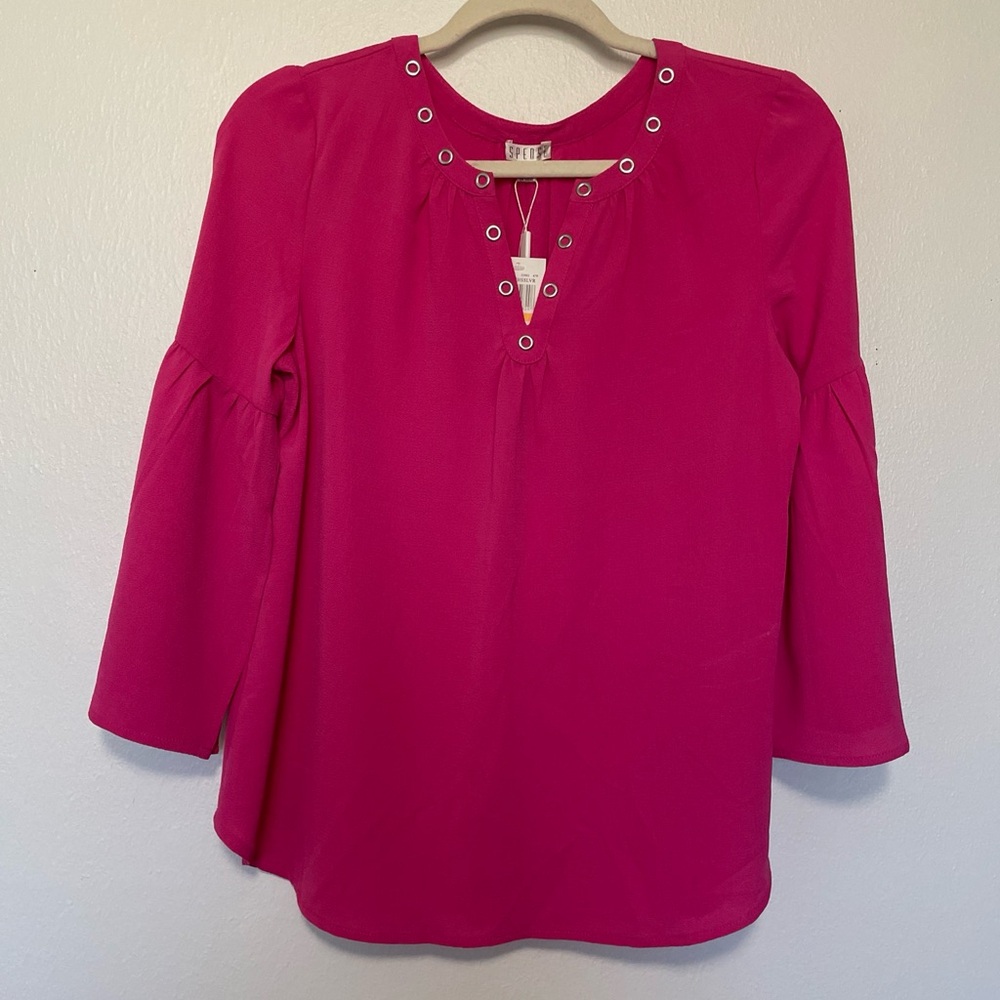 NWT SPENSE DARK ROSE S/P CREPE BLOUSE TOP BELL SLEEVES RIVET DETAIL AROUND NECK